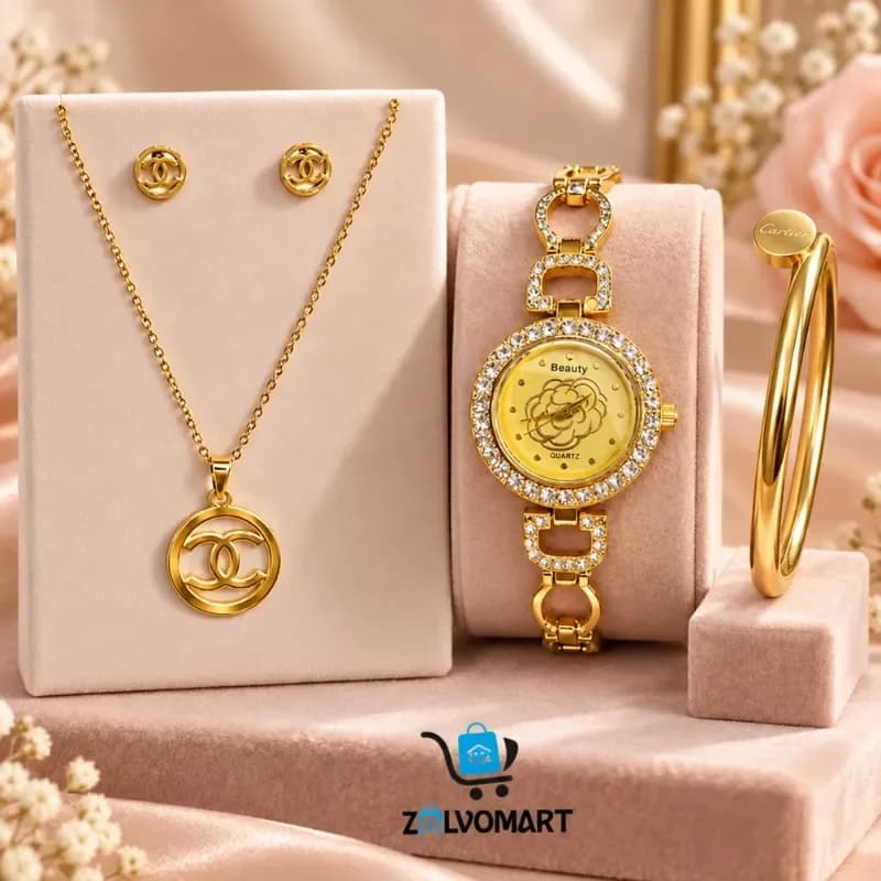 Rhinestone Watch and Bracelet Set, 3 Pieces