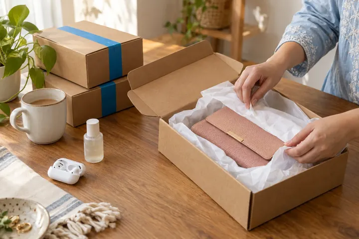 A parcel being carefully wrapped in tissue, beside everyday essentials