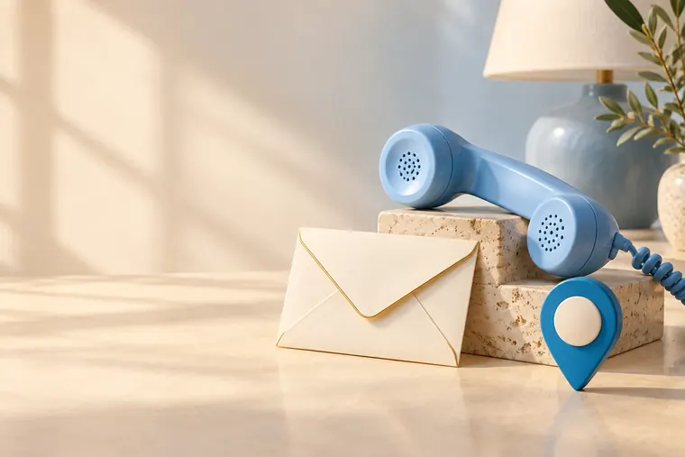 A powder-blue telephone, a cream envelope and a location pin on a warm, minimal desk